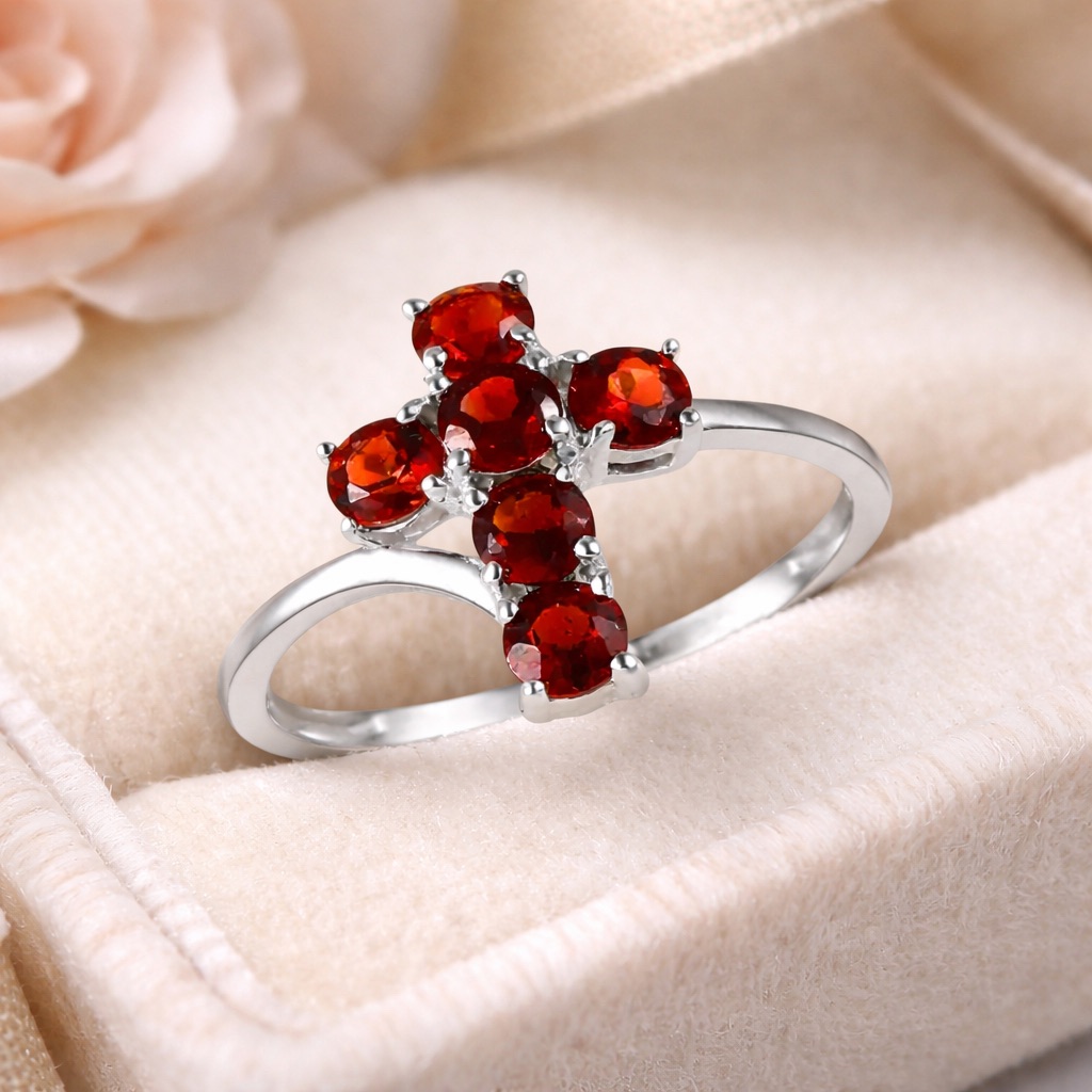 Genuine Mozambique Garnet Cross Ring 925 Sterling Silver 1.25 Ctw